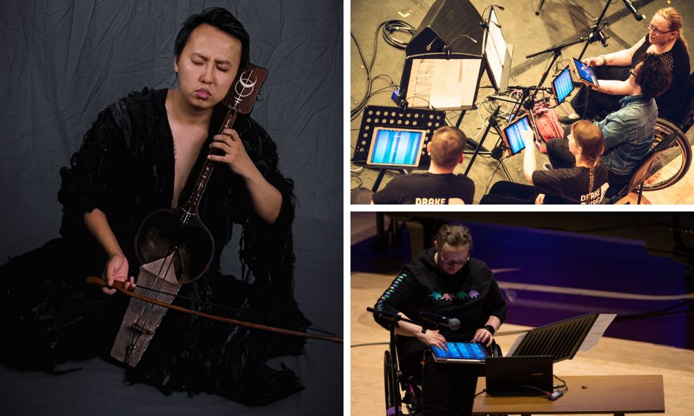 A collage of images of a man playing an ancient Kazakh instrument, Drake's Digital Orchestra performing on stage with ipads and laptops and Clare Johnston, a white woman in a wheelchair, performing on stage with an ipad