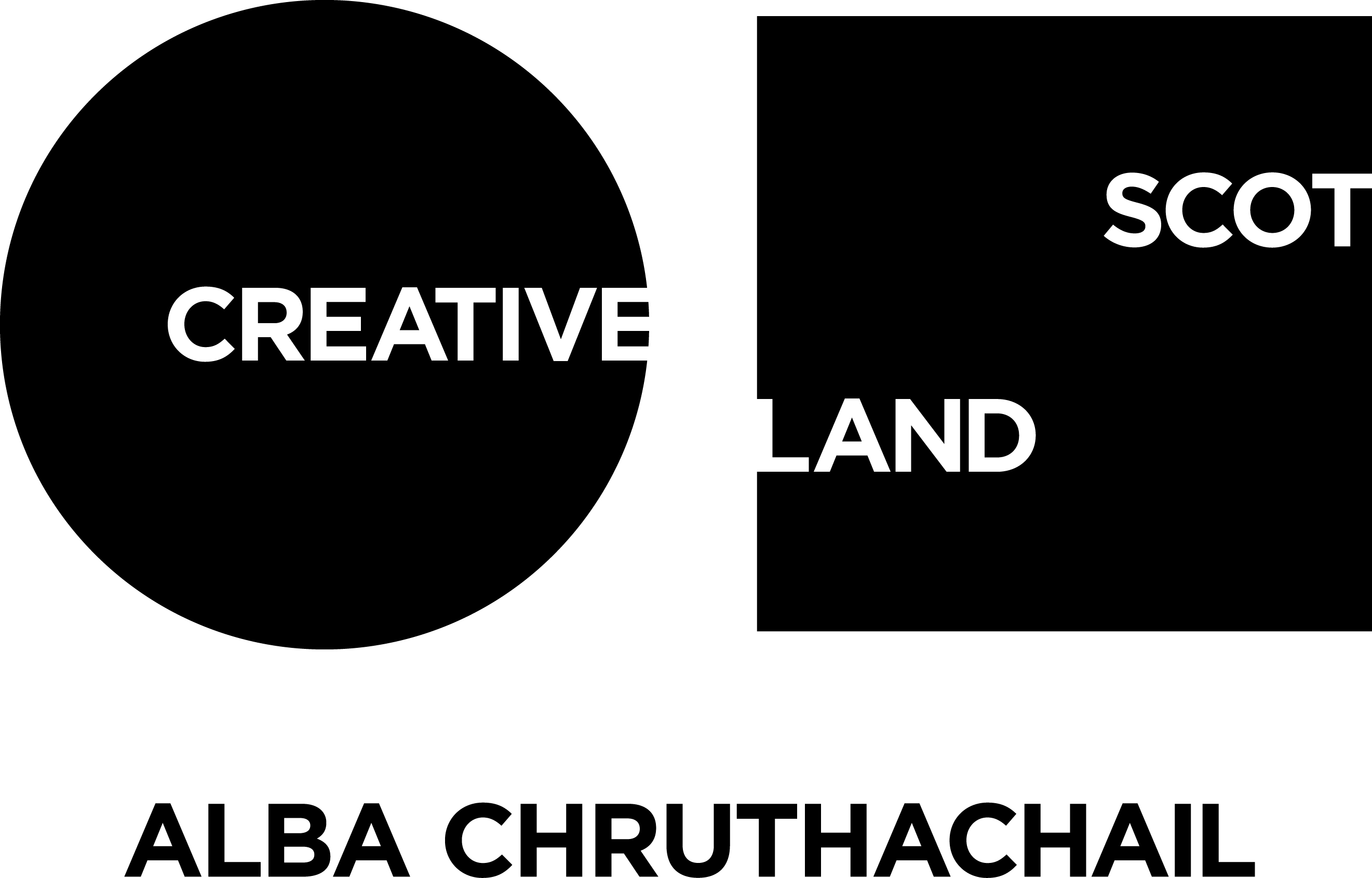 Logo of Creative Scotland with a black circle reading Creative in white and a black square reading Scot at the top and Land at the bottom. Black text underneath reads Alba Chruthachail