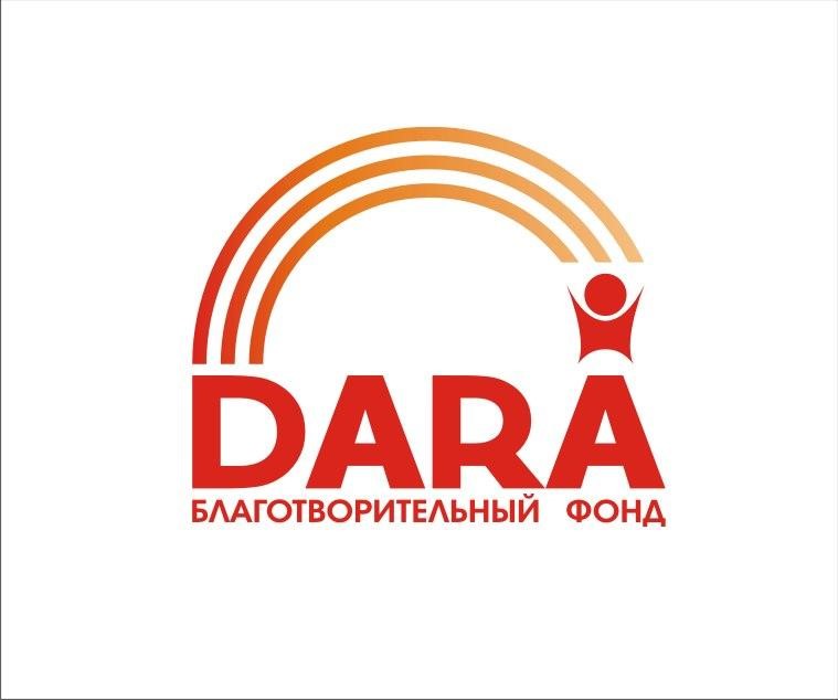 Red text reads DARA then two words in Kazakh underneath. An orange and yellow rainbow arches over the text with a red icon representing a person at the end of it the end. 