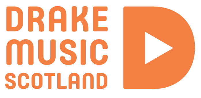 Orange logo reads DRAKE MUSIC SCOTLAND on the left with a large D on the right containing a play button icon in white in the middle