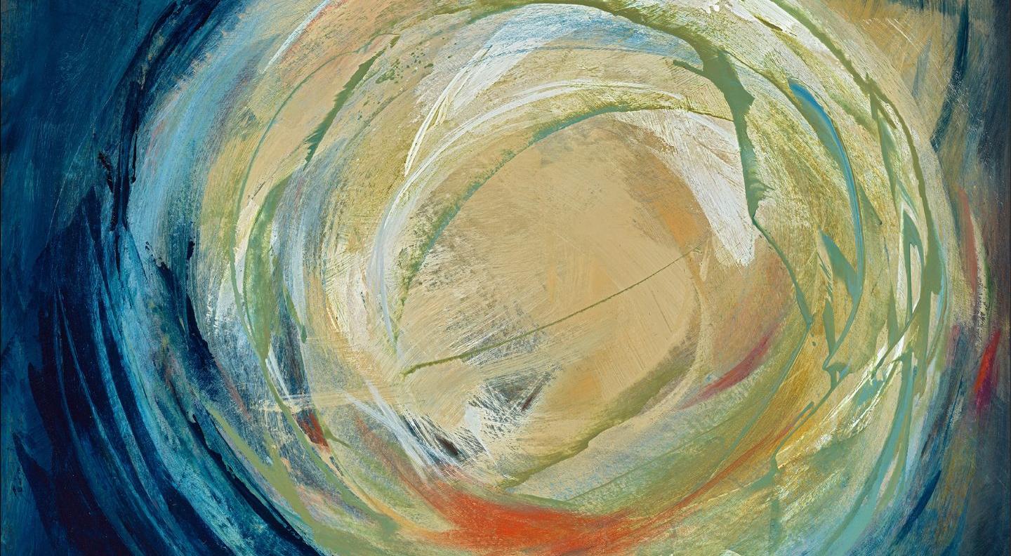 An abstract painting in shades of blue and yellow, with the circle in the centre like a light source