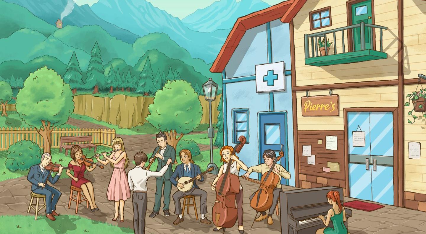 An animated image of a small village in the style of 'stawdew valley', with a group of musicians playing classical instruments on the street