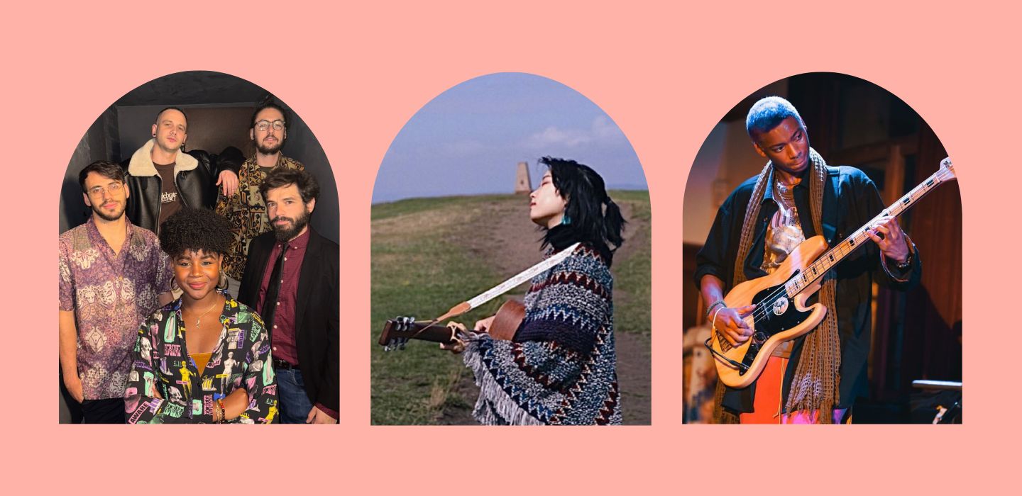 Three arches are shown on a pink background with the three AMPLIFI artist groups in them. From left to right they are Groove Down, Juniper Lai, and then Nuna. 