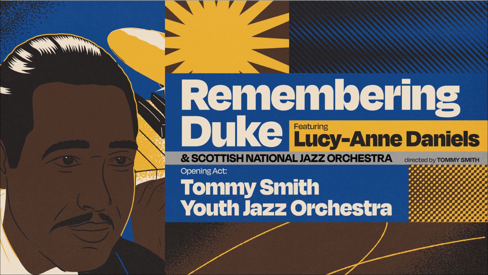 a graphic image of Duke Ellington against a bright blue and yellow background