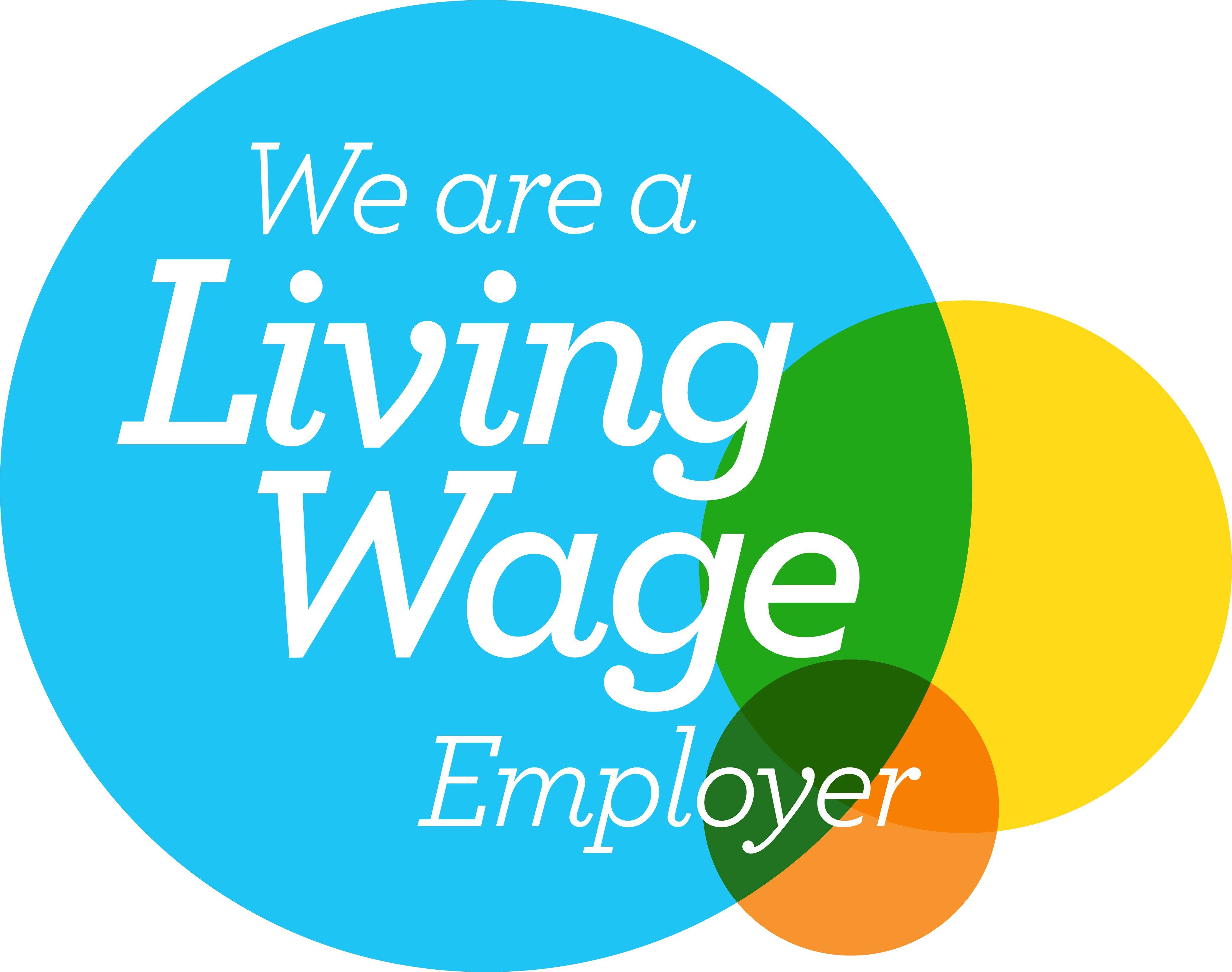 Three circle in blue, yellow and orange that overlap slightly making a green colour. Text reads We are a Living Wage Employer
