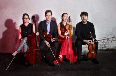 Two white men and two white women sit in a row holding string instruments