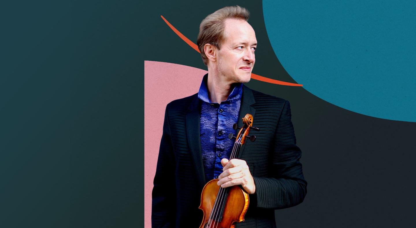 an image of a violin player, who looks to his left holding a violin, against a graphic background of green, blue and pink