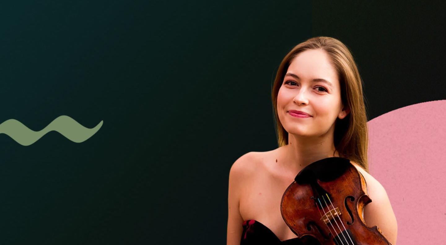 an image of a violin player against a graphic background in green and pink