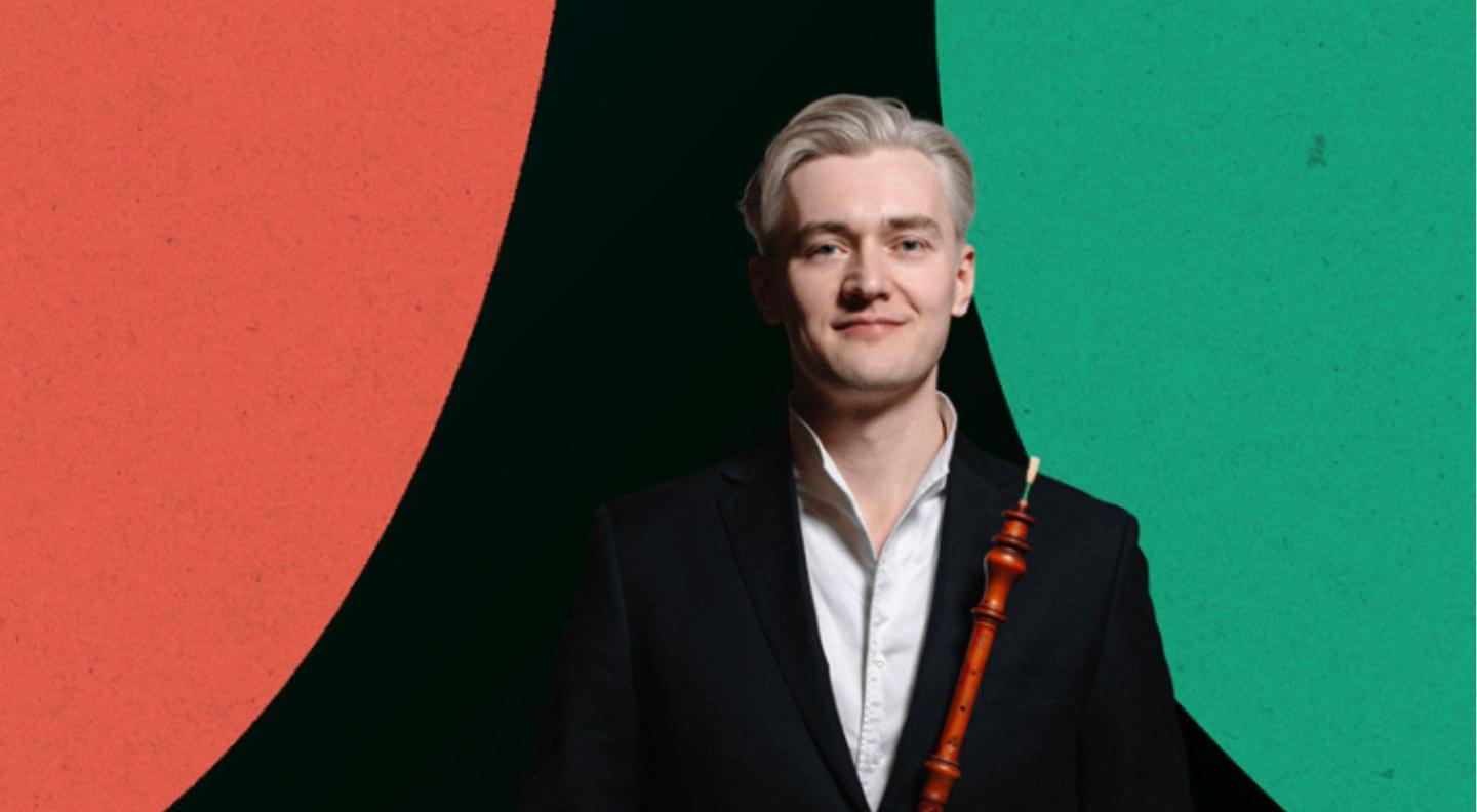 an image of an oboe player against a blue, orange, green and black background