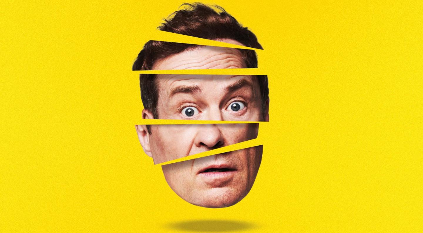 a cut up image of Ardal O'Hanlon's face against a yellow background