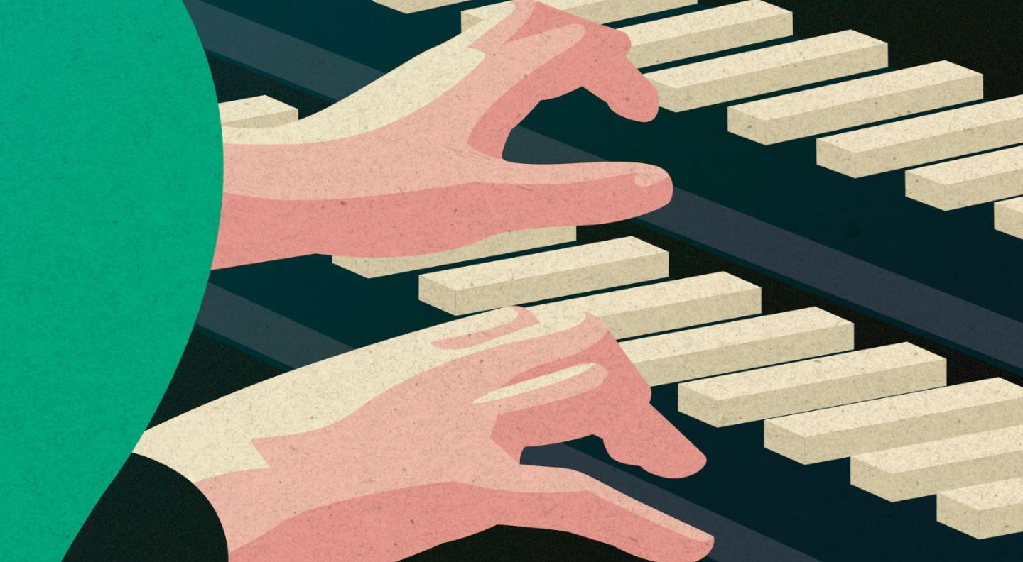 a graphic with hands playing an organ keyboard