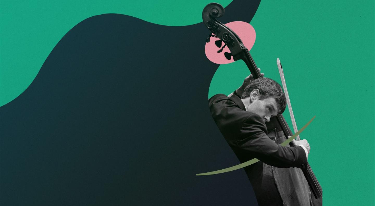 a cello player against a background or black and green