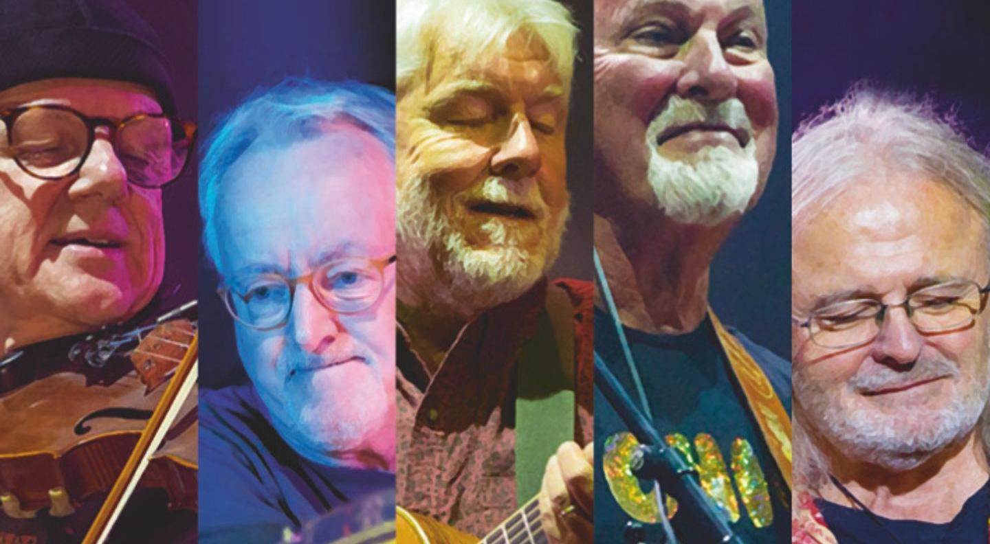 A composite image of the five members of Fairport Convention, all older men with white hair