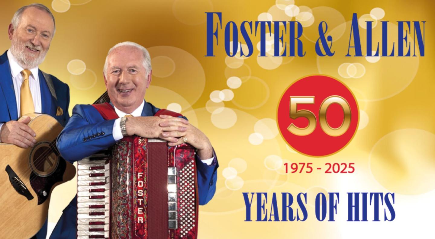 Foster and Allan holding a guitar and  accordion against a gold background