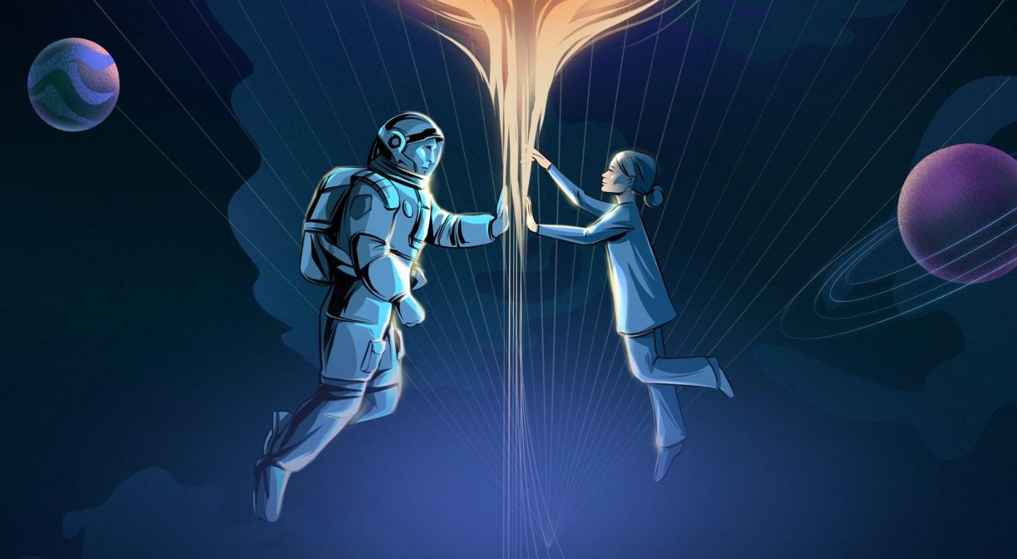 an illustration of two astronauts reaching for one another while in space