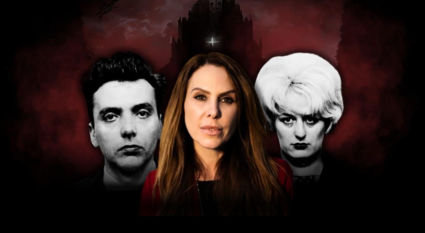 an image of presenter Emma Kenny, flanked by two black and white images of serial killers