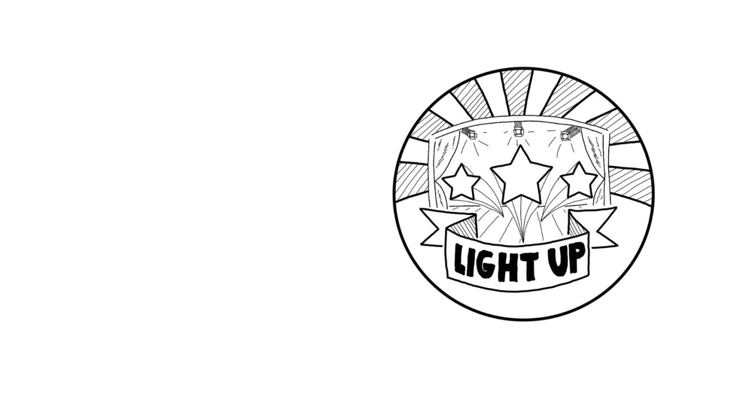 a white image with a black and white logo with stars illustrated on a stage, Text reads: Light Up