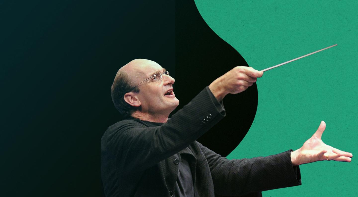 an image of a conductor against a graphic black and green background