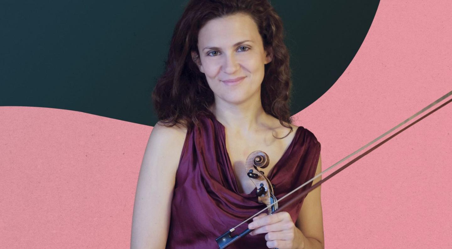 an image of violinist Lorenza Borrani, against a graphic green and pink background