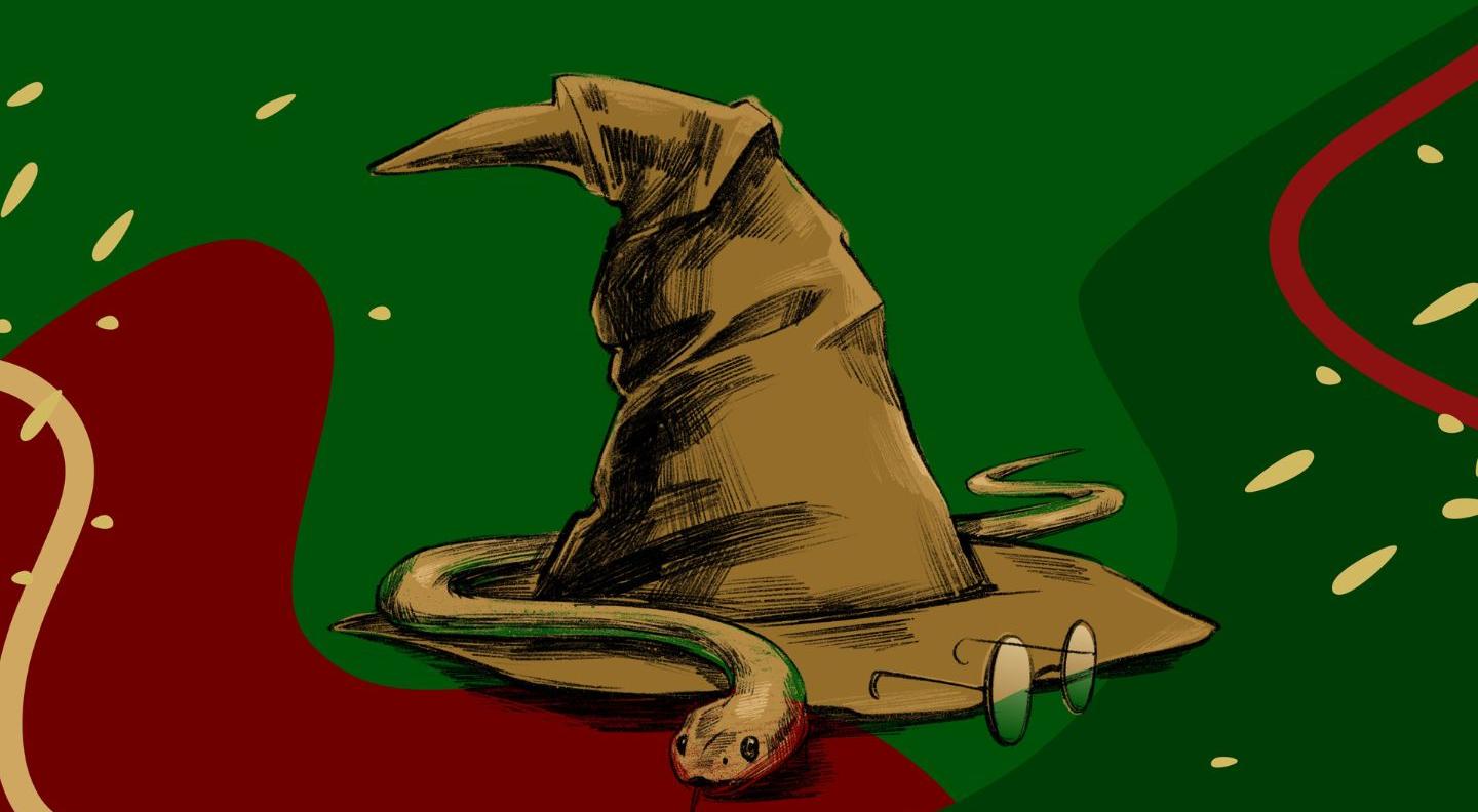 an illustration of a wizard's hat, snake and glasses against a green and red background