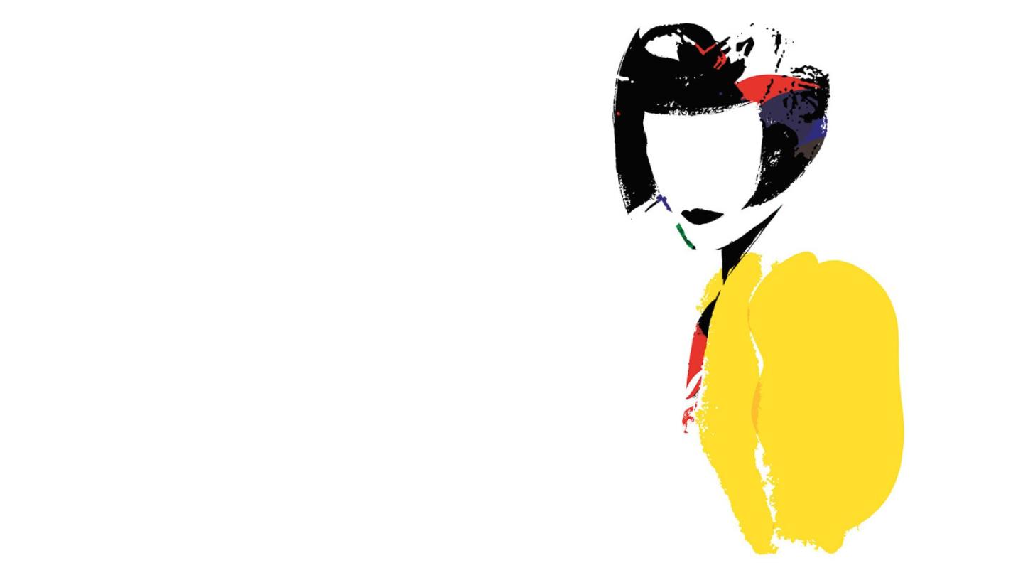 a painted image of a woman with a black bob, wearing a yellow shirt