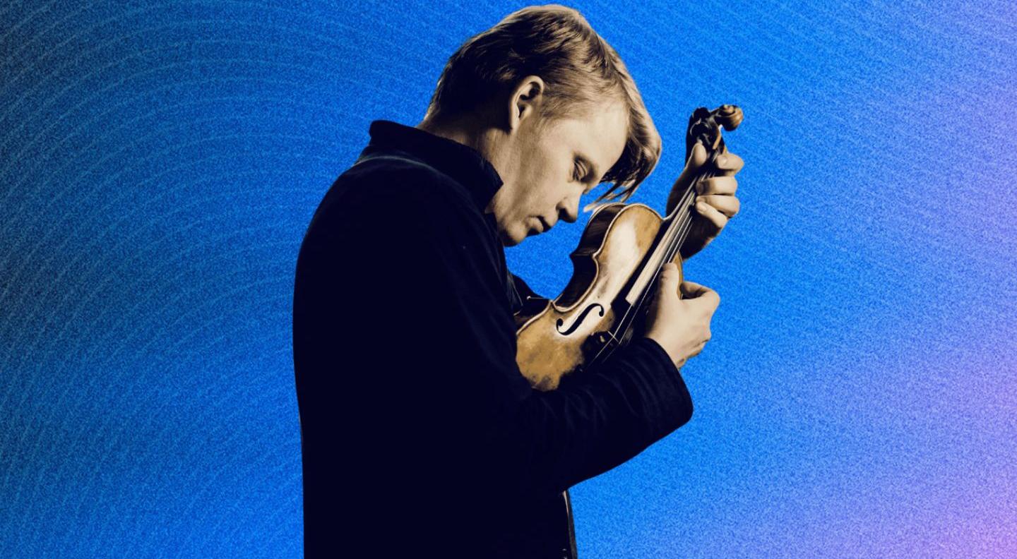 an abstract graphic image in blue and pink with an image of violinist Pekka Kuusisto in the middle