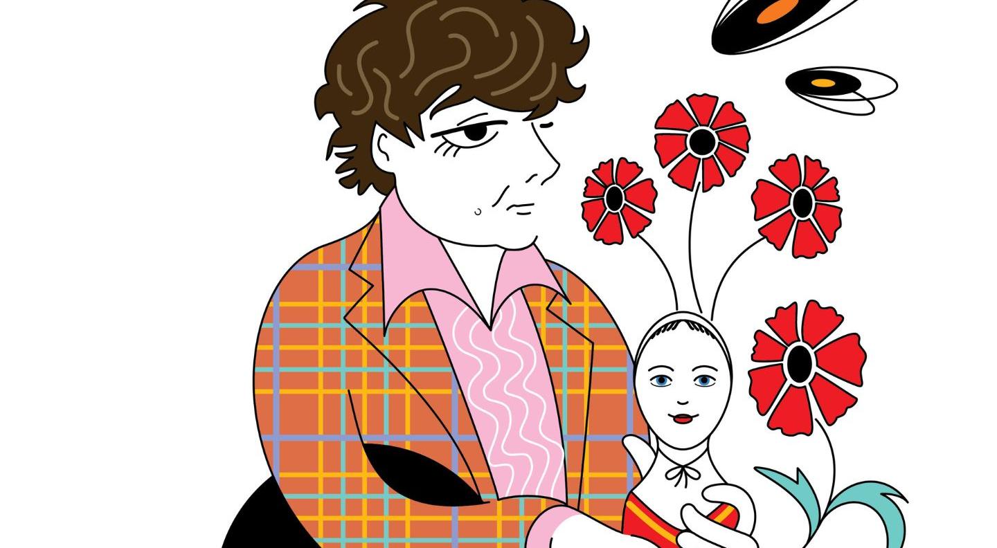 a cartoon of a man with curly brown hair wearing an orange plaid shirt, surrounded by vinyl records, flowers and a babushka doll