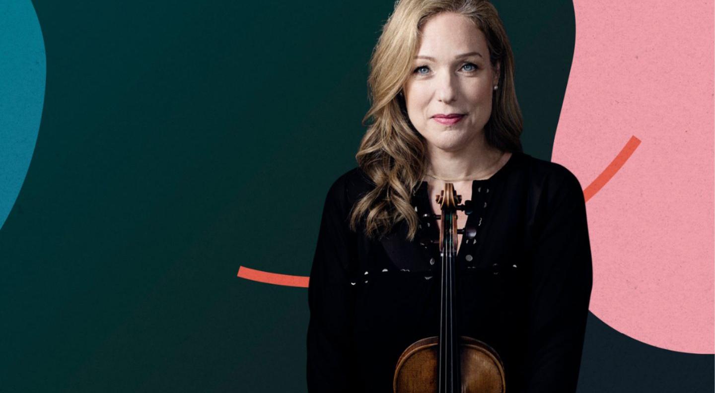 violinist Isabelle holds her violin against a graphic background of green, blue and pink