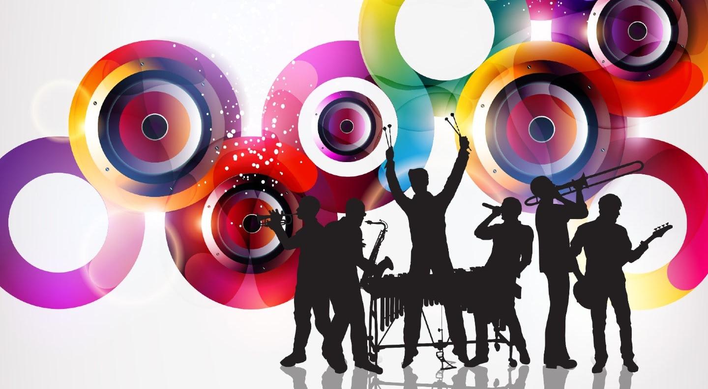 An illustration of silhouetted musicians against a white background with multicoloured circles in a band across it
