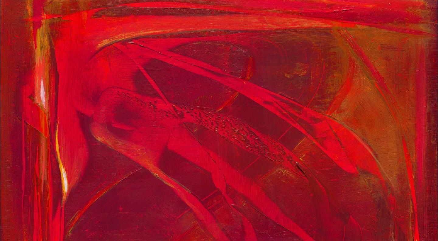 An abstract painting in shades of red and orange
