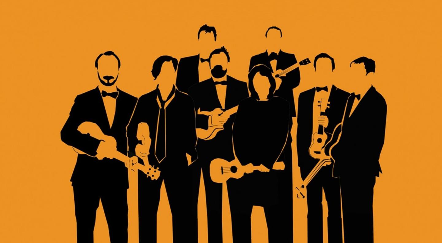 An illustration of the Ukulele Orchestra of Great Britain in black silhouette on an orange background